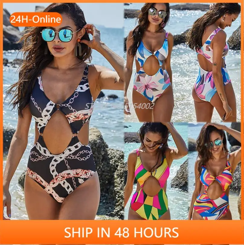 

Новинка 2021, сексуальный женский слитный купальник-монокини с цветочным принтом, сексуальный треугольный купальник с глубоким V-образным вы...