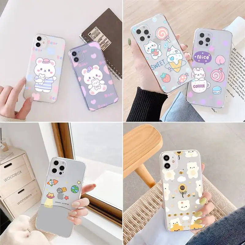 

Kawaii bear cute cartoon animal Phone Case Transparent for iPhone 6 7 8 11 12 s mini pro X XS XR MAX Plus