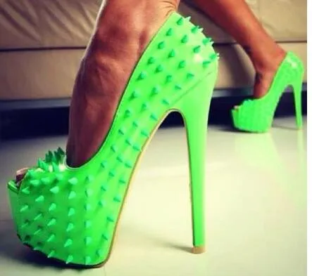 

Fashion light mouth solid color fluorescent green rivet fish mouth water platform sexy high heels stage high heels