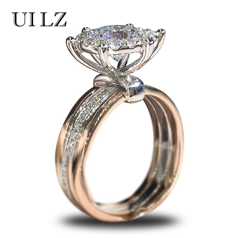 

Uilz Trendy Solitaire Crystal Women's Wedding Rings Two Tone Gorgeous Party Dinner Ring Jewelry Gifts for Wife & Girlfriend