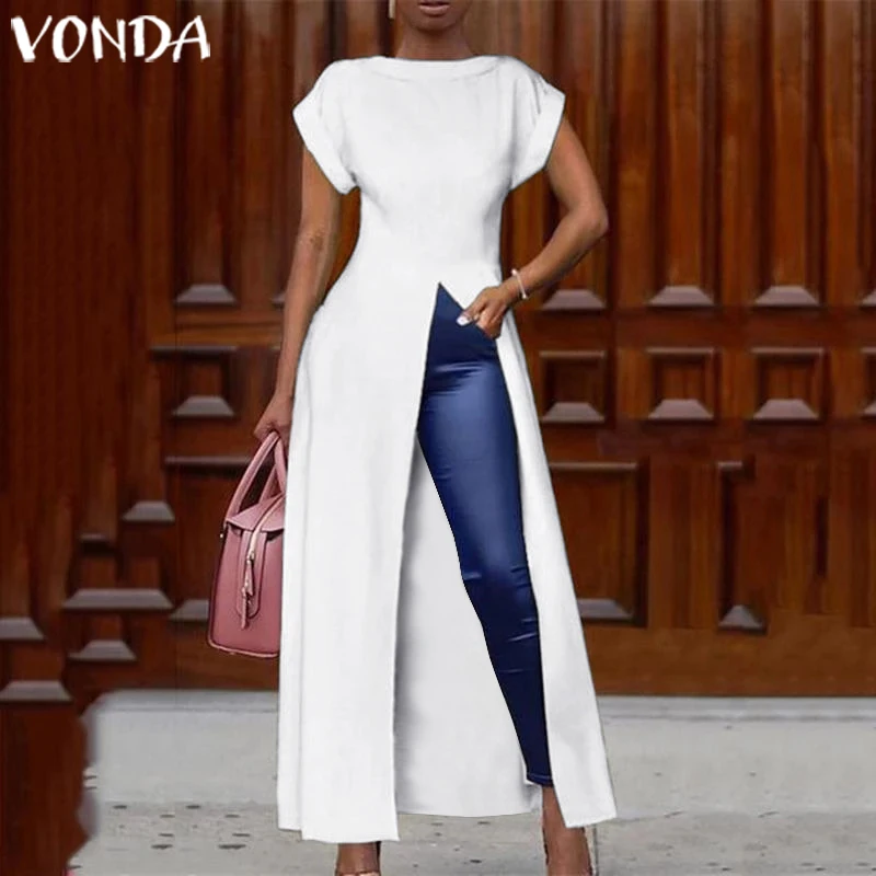 

VONDA Women Summer Blouses 2022 Office Ladies Sexy Split Hem Shirts Casual Bohemian Blusas Femme Solid Color Short Sleeve Tops
