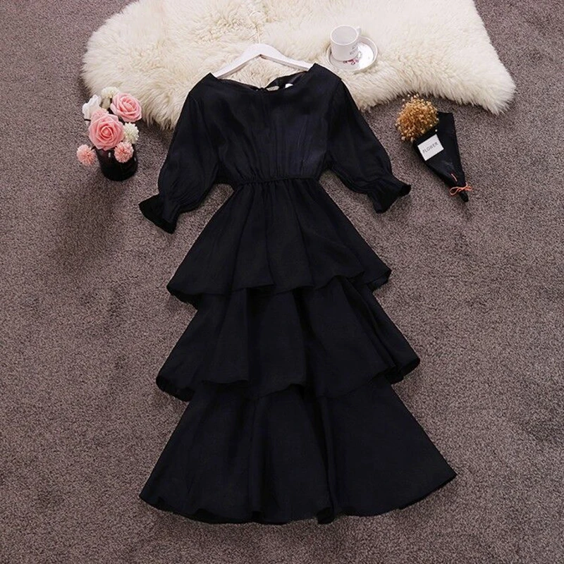 

Women's Fashion 2021 Short Sleeve Solid Color O Neck New Spring Summer Loose High Waist Ladies Chic Cake Dress
