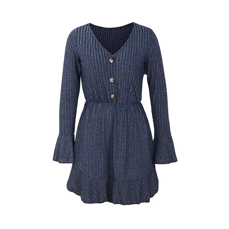 

2021 New Autumn Winter Elegant Fashion Knitted Dress Women Flare Sleeve Office Lady V-neck Solid Full Sleeve Dress