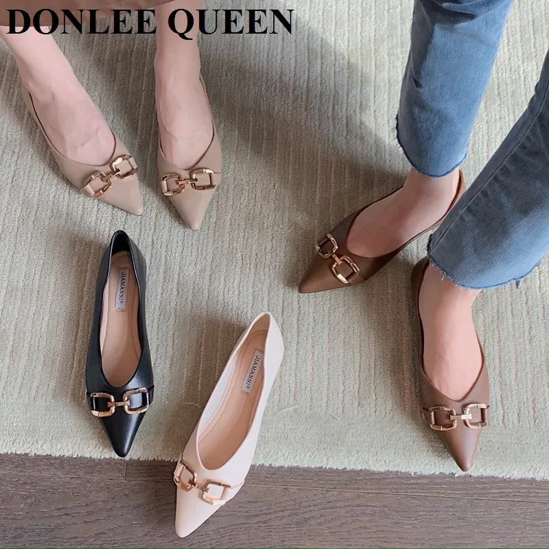 

New Fashion Pointed Toe Flats Shoes Women Luxury Metal Chain Ballet Flat Shallow Ballerina Slip On Casual Loafer Brand Moccasins