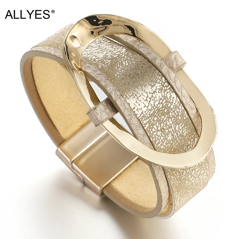 ALLYES кожаные браслеты для женщин модные металлические круглые формы Большой Шарм палантин Бохо широкий браслет браслеты Femme ювелирные изделия