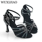 Женские туфли для латиноамериканских танцев, широкие флуоресцентные туфли из искусственной кожи синего, розового, зеленого цветов для танцев сальсы, выступлений, бальных танцев