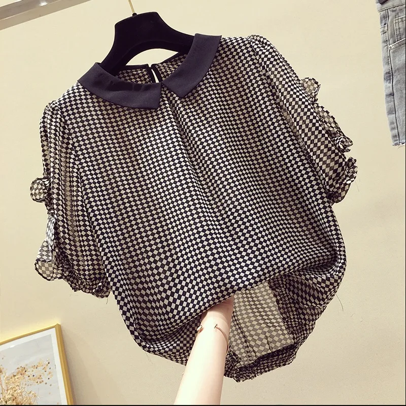 

Женская шифоновая блузка с коротким рукавом, Повседневная Свободная рубашка цвета хаки с цветочным принтом, в Корейском стиле, лето 2020