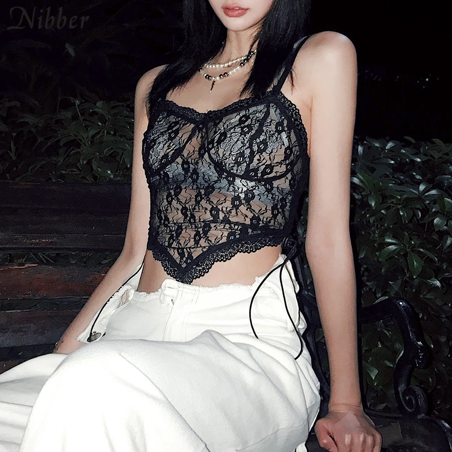 

Sexy See-through Lace Bodycon Sleeveless T-shirt Female Harajuku Irregular Street Camis Top Elegant Black Party Club Sleeveless