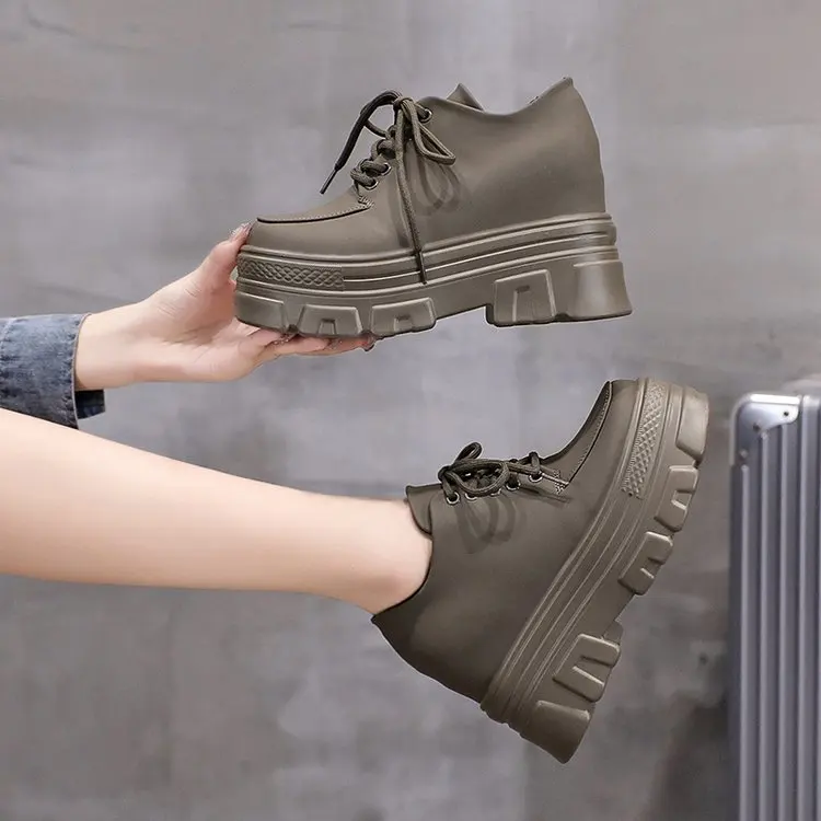 

2021 women's winter new inner heightening shoes black lace up single shoes gray non slip shoes