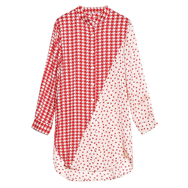 

PADEGAO Design Sense Small Check Color Contrast Medium Length Top Stand Collar Long Sleeve Chiffon Shirt Summer Thin PDG1325