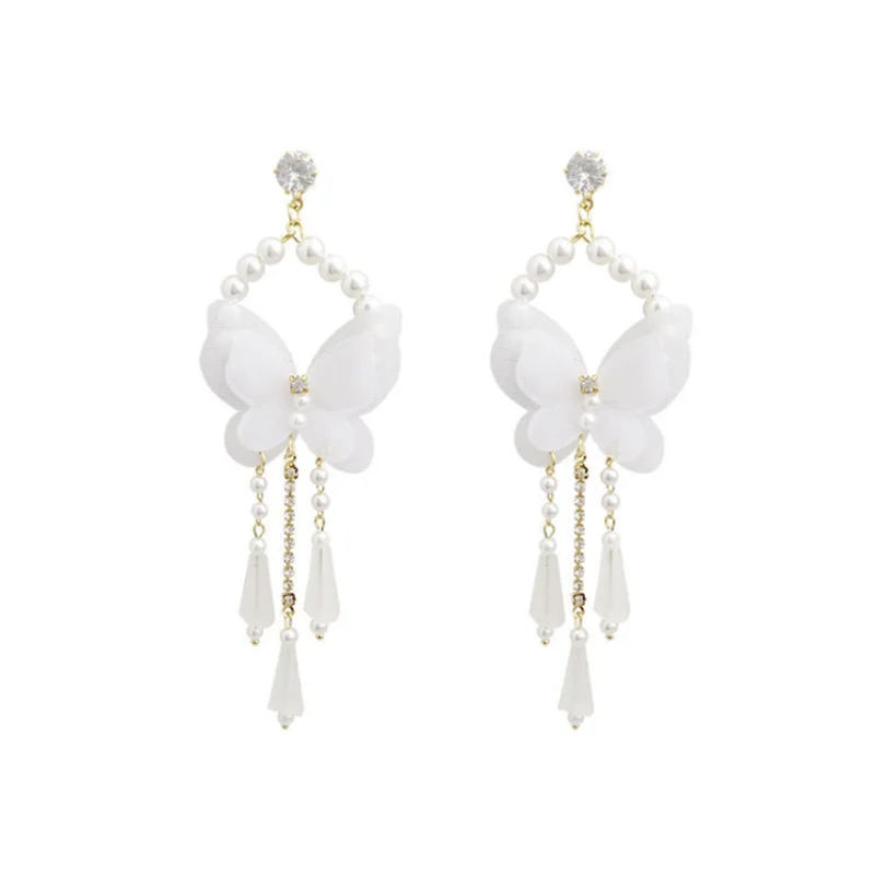 

Simple and Versatile Super Fairy White Butterfly Earrings Temperament Long Tassel Pendant Women's Holiday Gift Party Jewelry Who