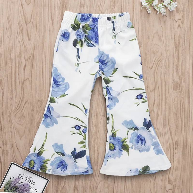 Детские синие цветочные расклешенные брюки для девочек детские штаны с оборками