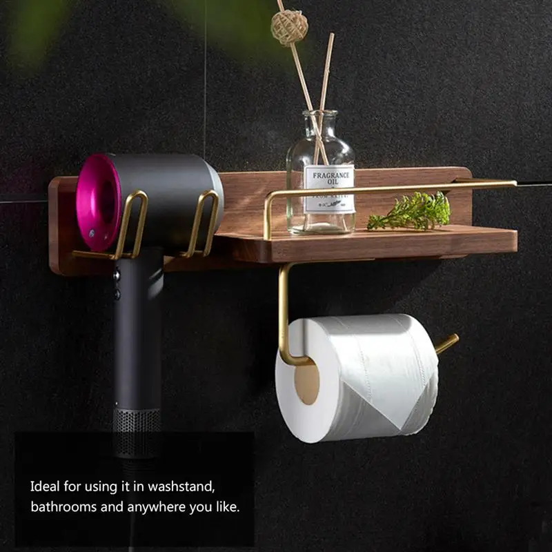 

1PC Natural Wood Hair Dryer Rack Solid Wood Hair Dryer Rack Household Storage Bracket No Punching Sink Rack for Home Hotel