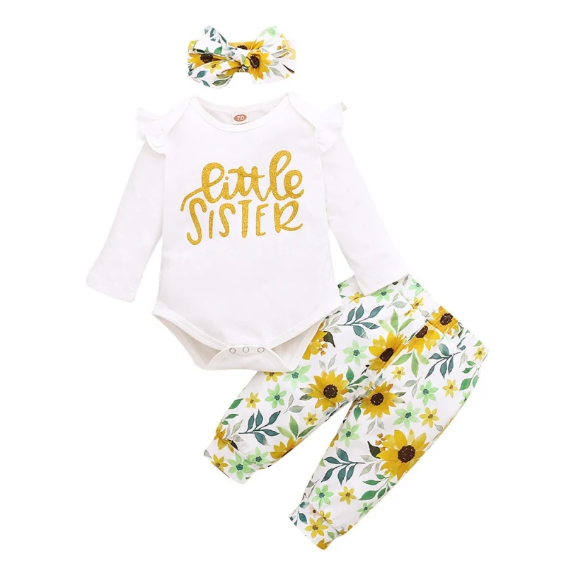 

Spring Summer Baby Girl Sister Clothing Newborn Clothing Kids Girls Alpha-Printed Romper + Floral Printed Pants + Headband Set