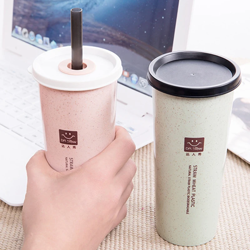 

1PC Portable Hand Cup Wheat Straw Water Cup with Straws Double Lid Cola Coffee Plastic Travel Cup Drinking Cup Home Office Gifts