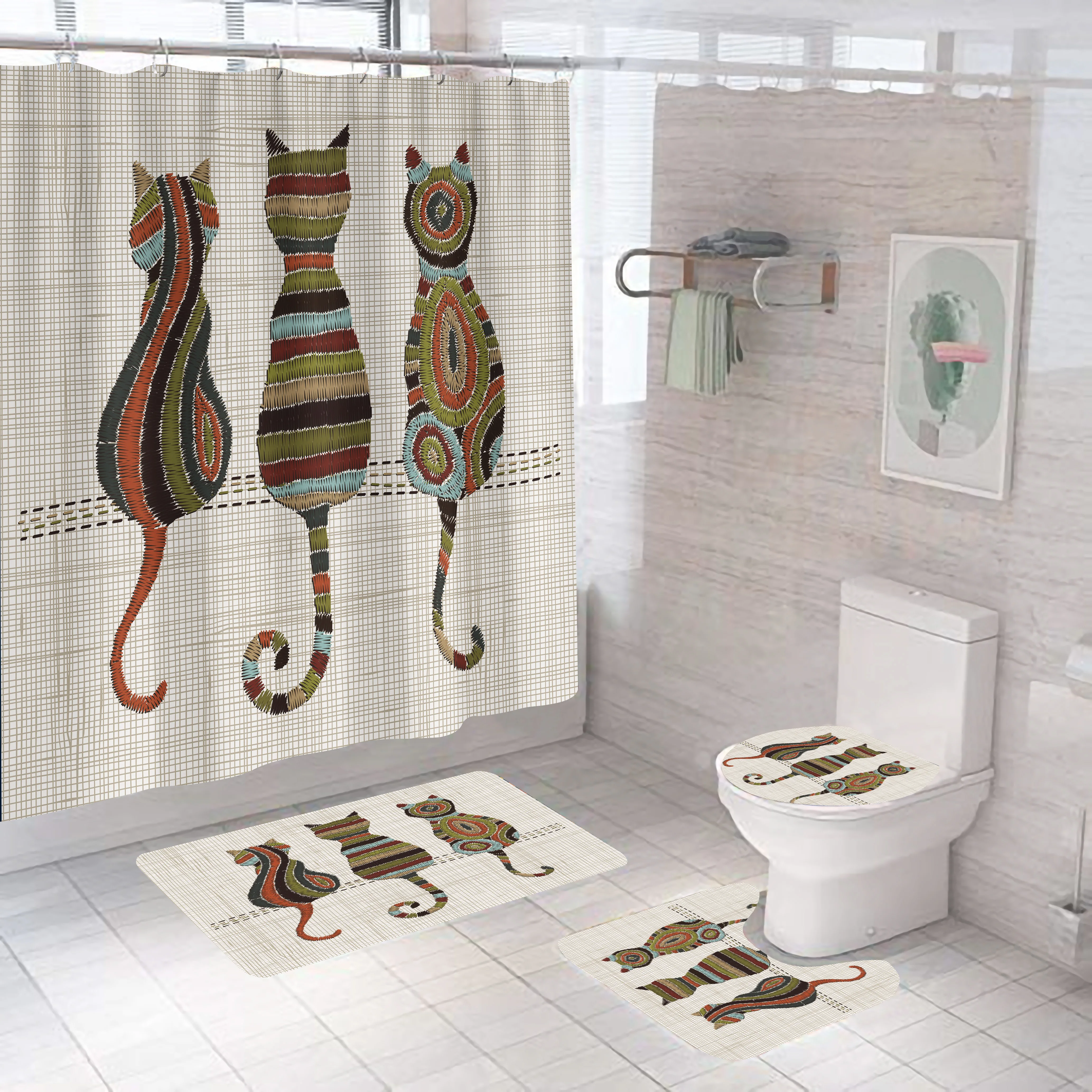 

Cartoon Cat Shower Curtain Set Animal Black Waterproof Bath Toilet Lid Seat Cover Bath Non-Slip Mat Rug Bathroom Decot Cover