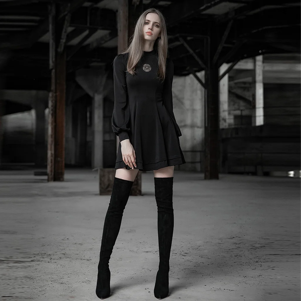 Готическое повседневное эластичное трикотажное тонкое платье с поясом