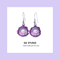 gii purple shell pearl unusual drop earrings for women girls 925 silver hook sweet japanese handmade unique 2021 trending stud