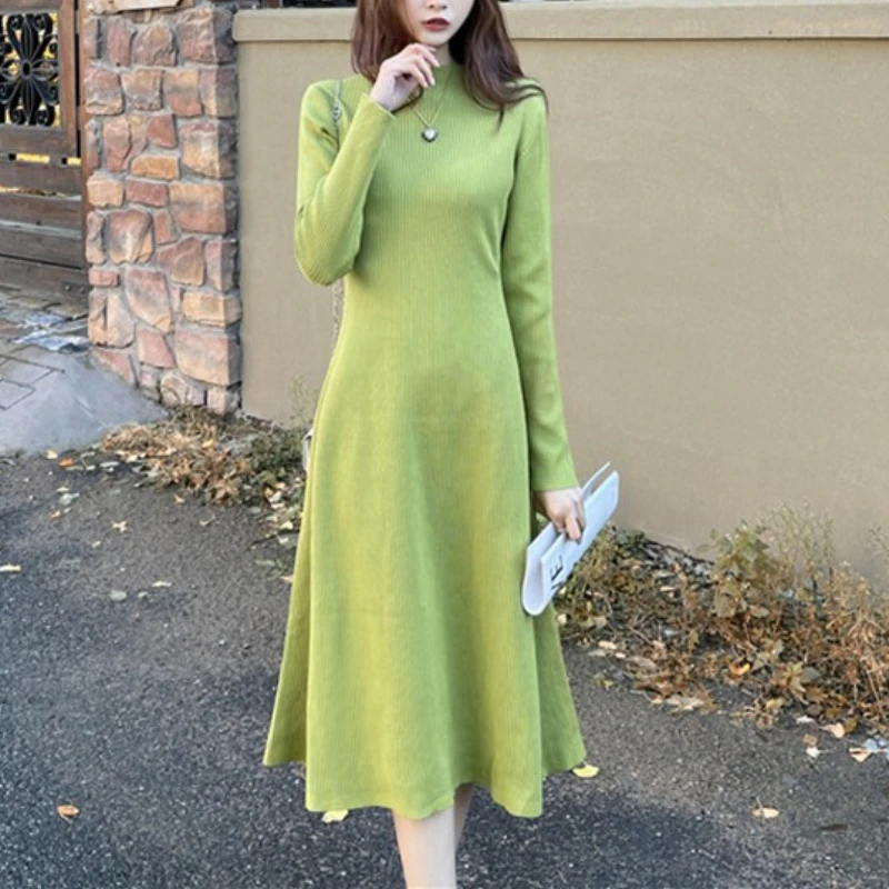 

Elegant Solid O-Neck Knitted Dress 2021 Fall Winter Slim Waist A-Line Midi Sweater Basic Vestido Woman Casual Hanbok Jumper