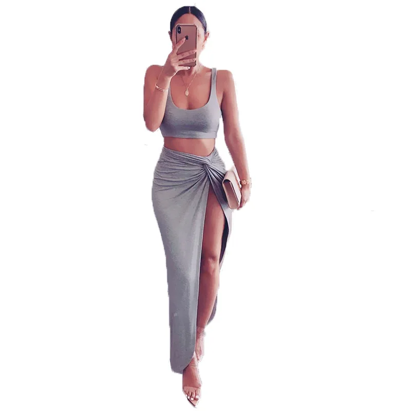 Women Sexy 2 Pieces Set Slim Crop Top + Tight and Irregular High Split Long Skirt Wear Outfits Skinny Stretch Outwear Clothes |