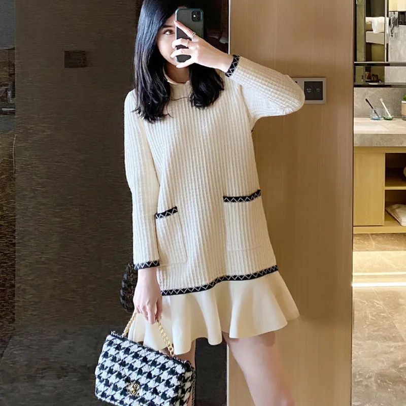 Женское вязаное платье с карманами свободные женские короткие вязаные