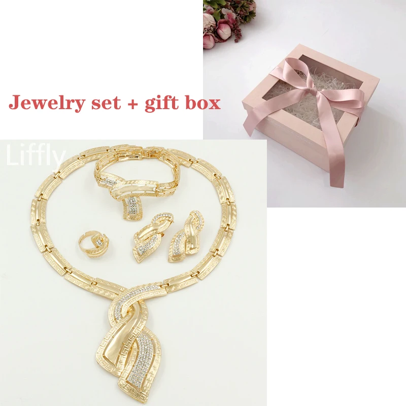 Jewelry Sets and box Модные африканские золотые украшения из Дубаи, нигерийское Кристальное ожерелье, серьги-кольца, женские итальянские Свадебные Ювелирные наборы, свадебные аксессуары - Окраска металла: Jewelry Sets and box