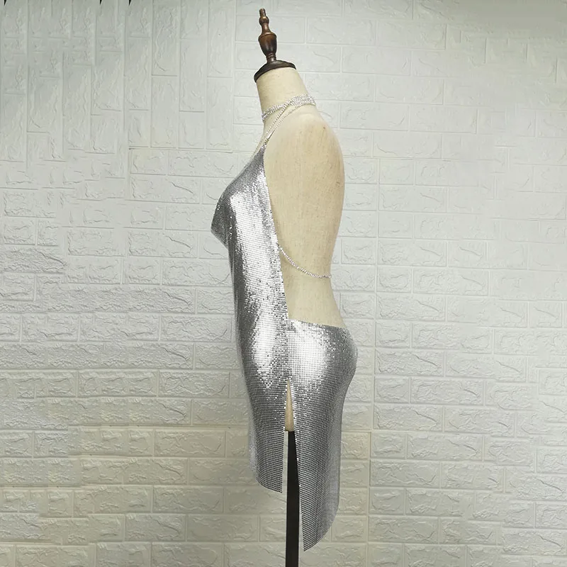 

2021 New Metal Halter Night club Summer Deep v-Neck Dress Women Beach Dress Sequin Mini Sexy Club Party Dresses Vestidos