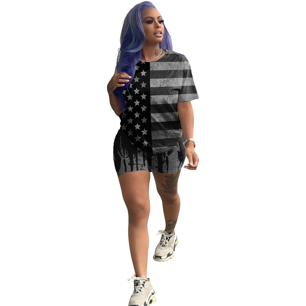 

Color Block Spliced Two Piece Tracksuit Women Clothes Flag Print Short Sleeve T Shirt Skinny Short Sweatsuit Casual 2 Piece Set