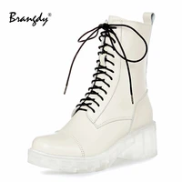 brangdy fashion women martin boots genuine leather square heel round toe womens winter boots zipper lace ankle boots size 34 39
