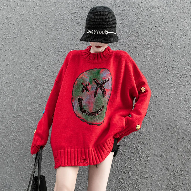 

Knitted Sweater Women SMILE Print Jumpers Loose Women's Clothes Autumn Winter 2020 Plus Size Casual female Top Pullover SA018S50