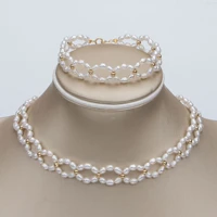 16 2 strands natural white pearl necklace bracelet sets for women