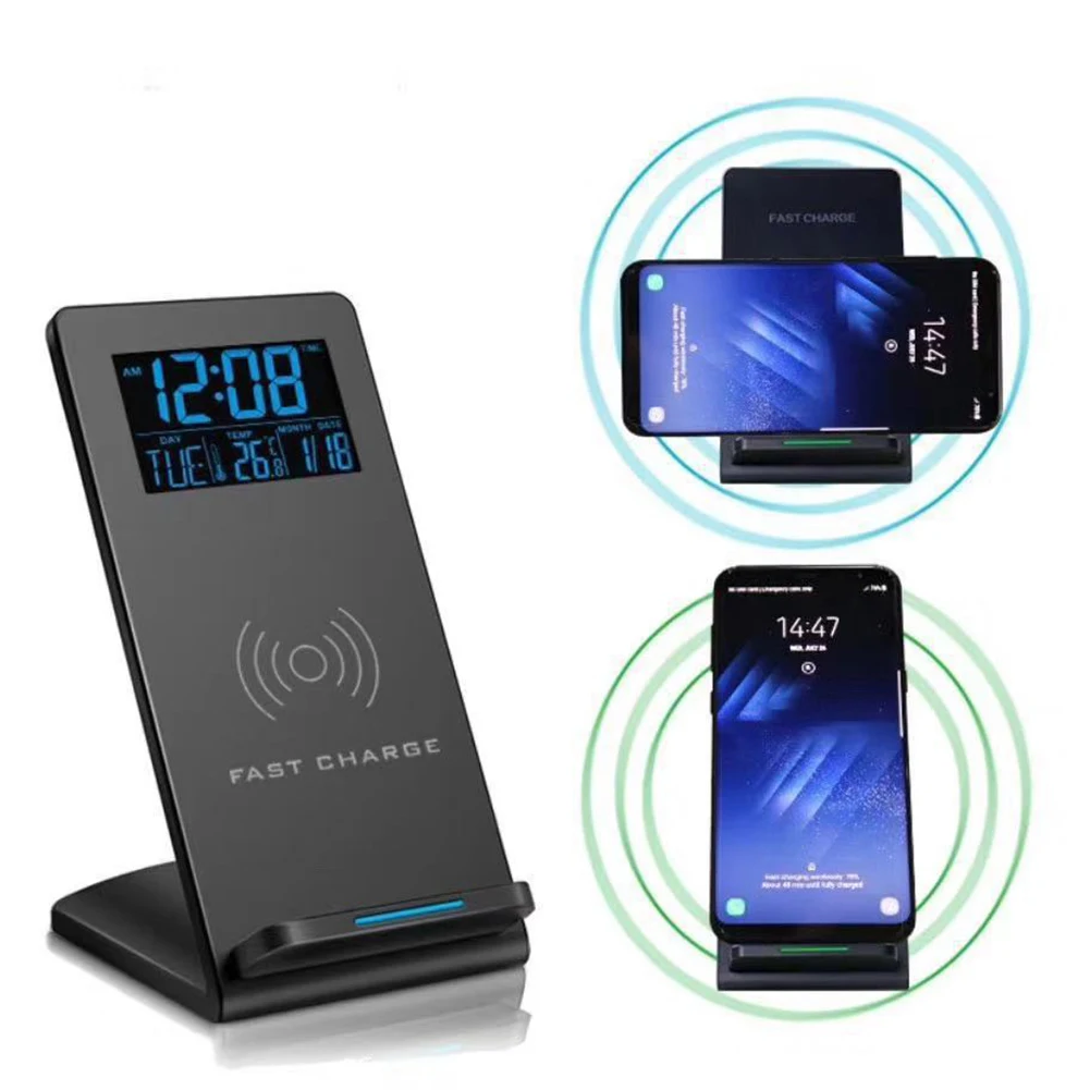 desktop wireless charging stand mobile phone holder time temperature alarm clock wireless charging hot sales free global shipping
