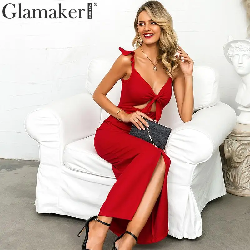 Glamaker, Красное вязаное винтажное сексуальное платье с v-образным вырезом, с выемками, с закручивающимися пуговицами, элегантное женское платье, Осень-зима, женские вечерние платья, длинное платье
