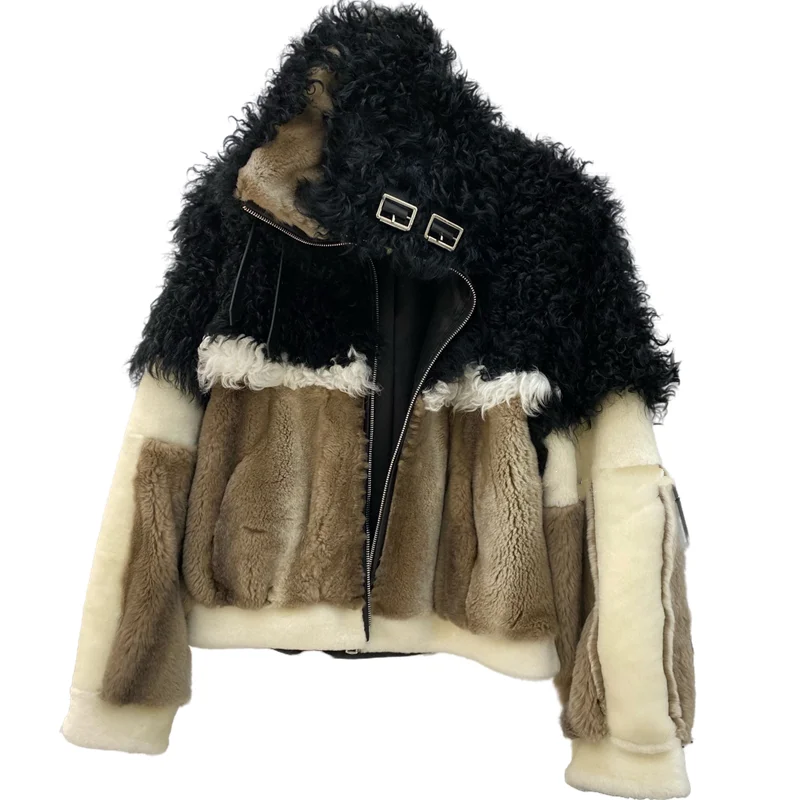 

Новинка 2022, женские пальто, зимняя короткая куртка из натурального меха кролика Рекс, шерстяное меховое пальто в стиле пэчворк, Повседневна...