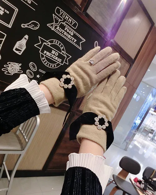 SP&ampCITY Rhinestone Buckle Tassels Cashmere Gloves For Phone Thick Keep Warm Women Winter Ring Mittens Fashion Ladies | Аксессуары для