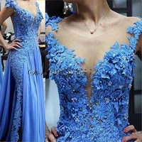 2021 blue lace appliques mother of the bride dresses illusion pearls beading formal godmother wedding party guests gown qd83