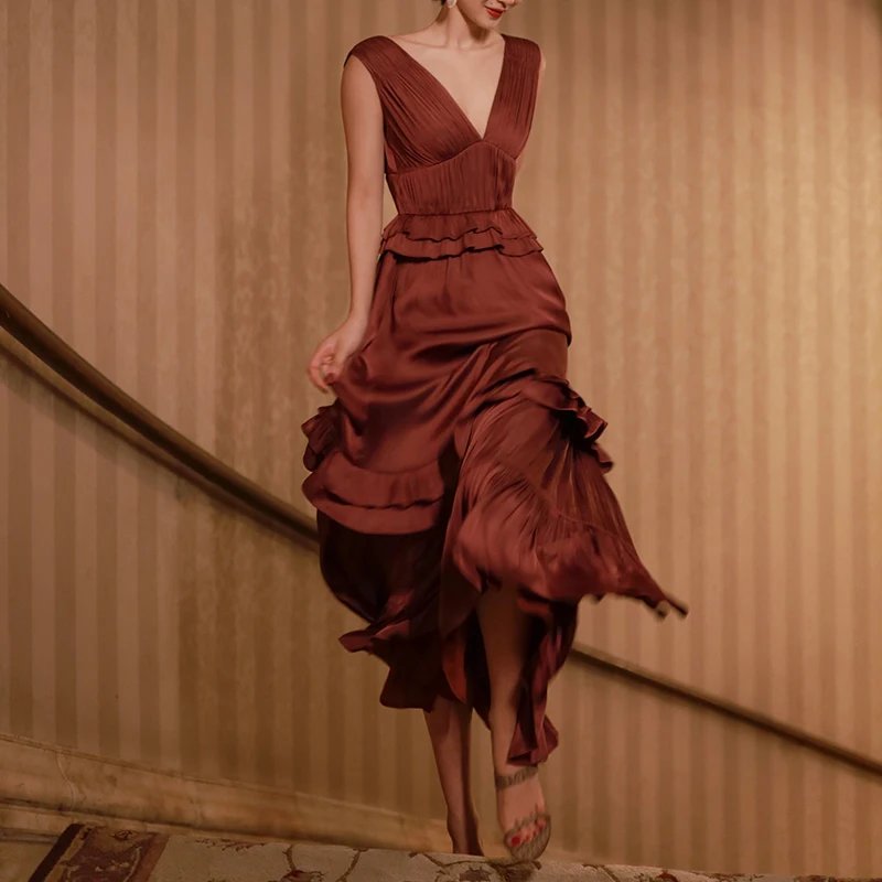 

Многослойное платье с оборками и V-образным вырезом, новинка весны 2021, длинная юбка во французском ретро-стиле