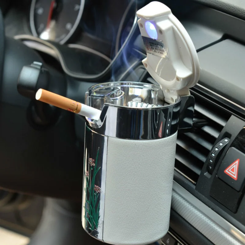 

Car 1PC Newest Portable Cigar Cigarette Ashtray Smokeless Carbon Fiber Car Ashtray With Led Light