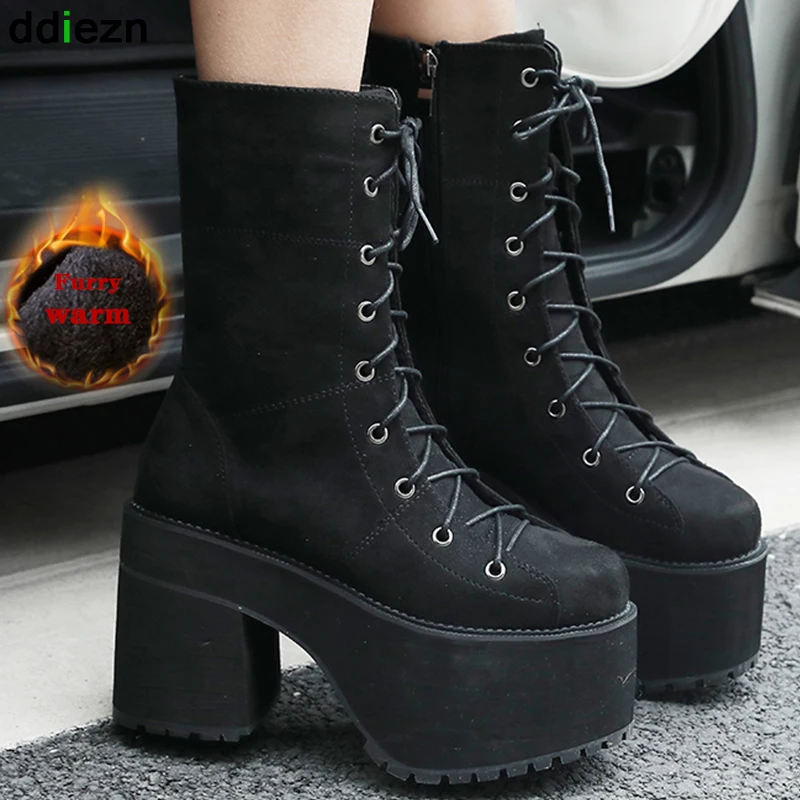 

Big Size Women Martin Boots Ladies Short Ankle 10 CM High Heels Platform Rubber Boots For Women 2021 Winter Fur Female Shoes