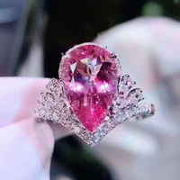 women luxury water drop shape princess crown ring pink color rhinestone adjustable open rings fashion wedding ring party jewelry