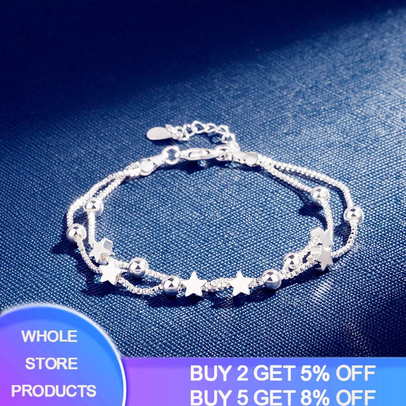 

YANHUI 925 Sterling Silver Double Layer Link Bracelets with Stars and Beads Charms Bracelets for Women Girl Trendy Fine Jewelry