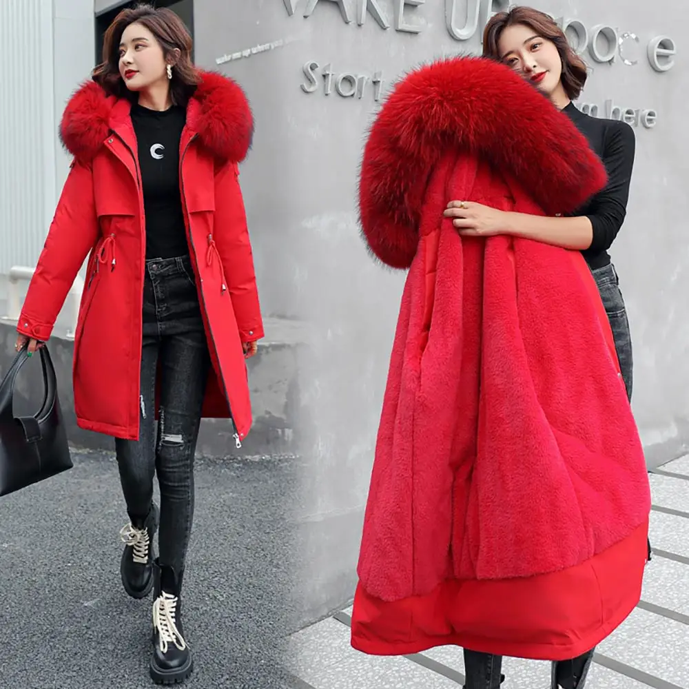 PinkyIsBlack Fashionable Solid Warm Thick Fleece Hooded Winter Jacket Women New Fur Liner Parkas Female Winter Long Coat Women