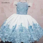 Милое синее платье с цветочным принтом для девочек, Пышное Платье с большим бантом, ткань для платья-пачки