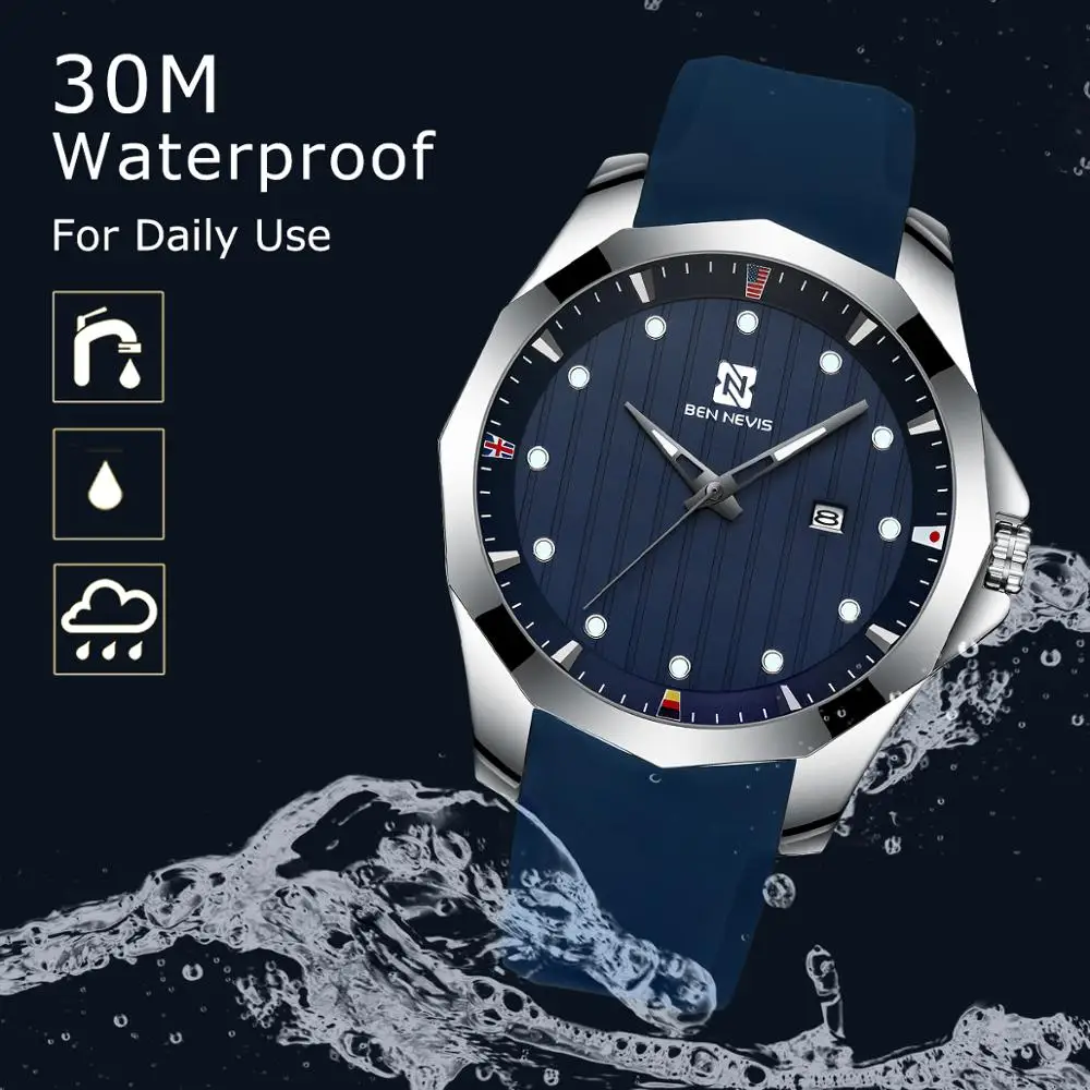 

BEN NEVIS Men Fashion Sport Luminous Hands Military Waterproof Wristwatch Auto Date Silicone Strap Men Watches Relojes BN3012G