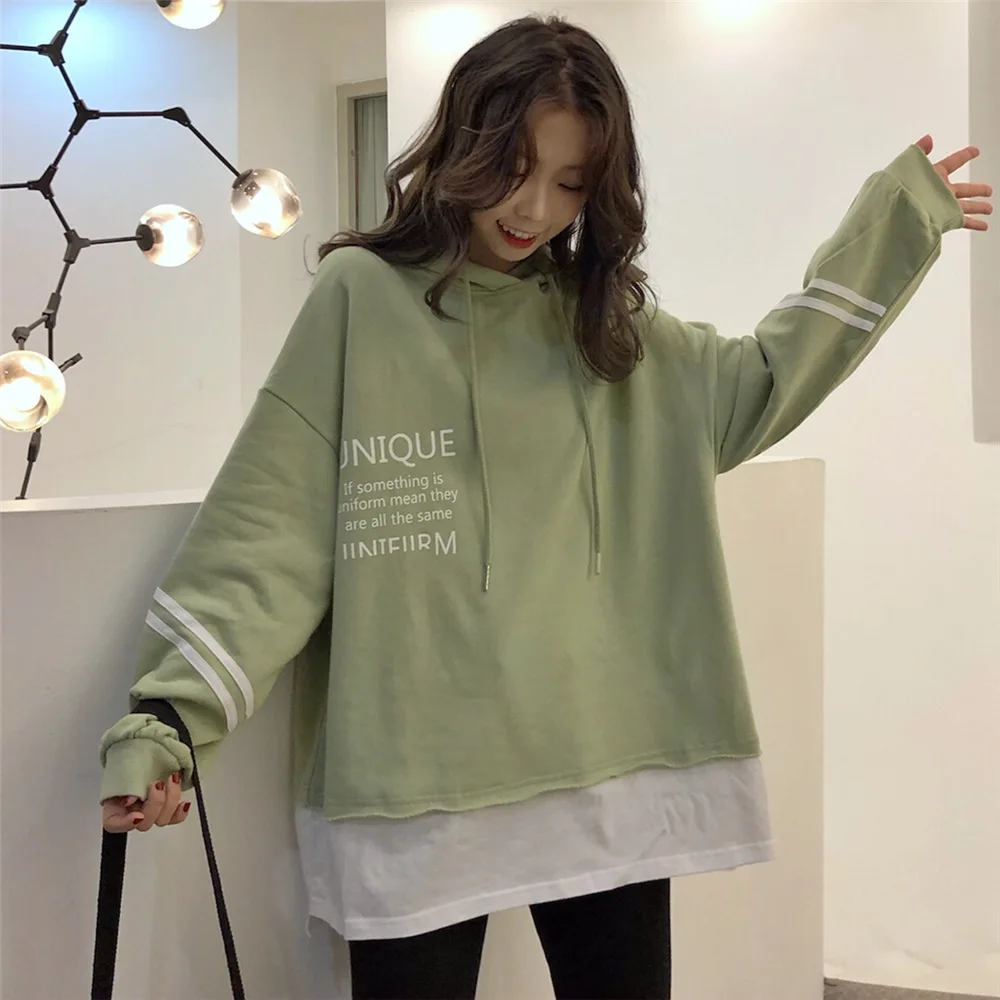 

Fashion Sweatshirt Women Spring Preppy Style Loose Letter Printing Cotton Sweatshirt Women Hooded Full Sleeve Fake Two Pullovers