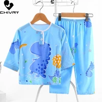 new 2021 kids boys girls summer pajama sets cartoon long sleeve o neck cute t shirt tops with pants toddler sleeping clothes set