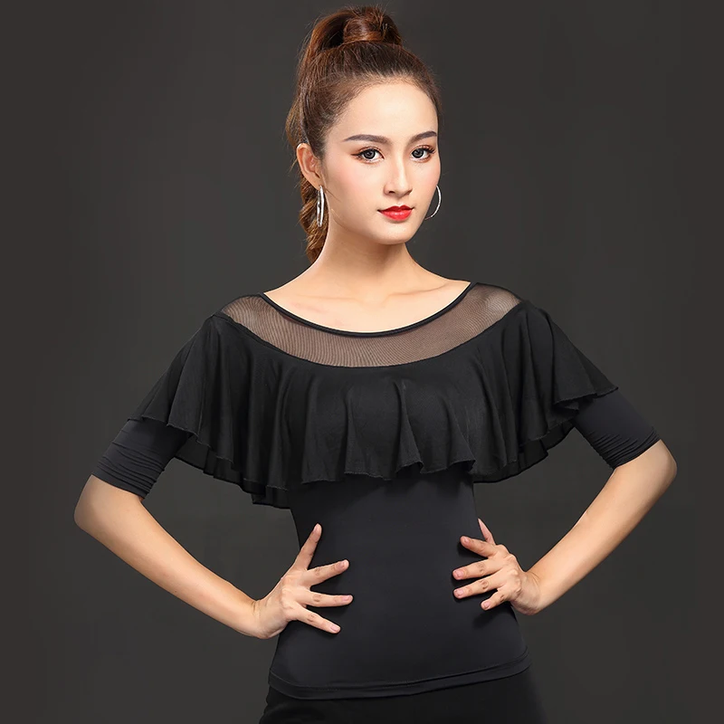 Черная рубашка для латинских танцев женщин и взрослых стандартная танцевальная