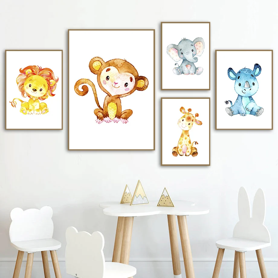 Обезьяна Лев Слон Кобра милый мультфильм стены Искусство Печать холст живопись