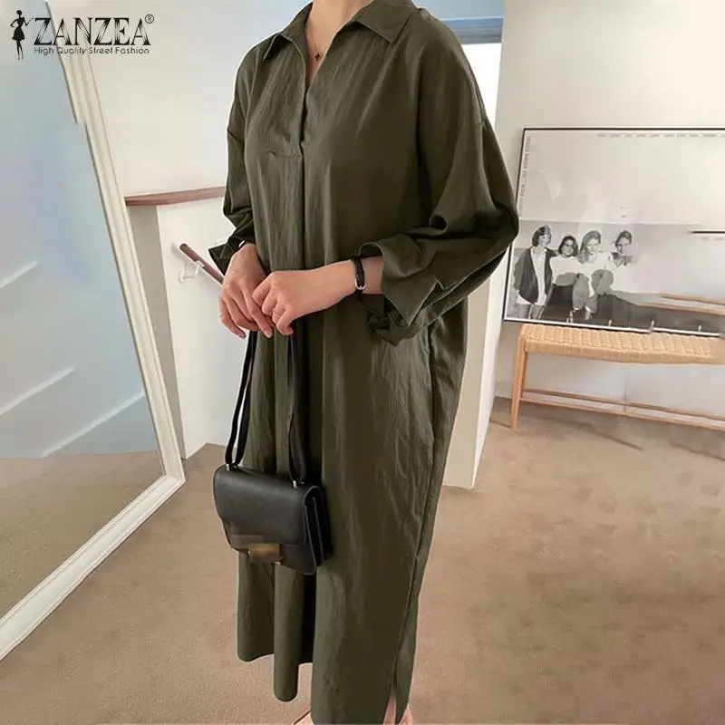 

Женское элегантное платье, осень 2022, сарафан ZANZEA, винтажные однотонные платья, с длинным рукавом-фонариком, с отворотом, мешковатое платье, п...