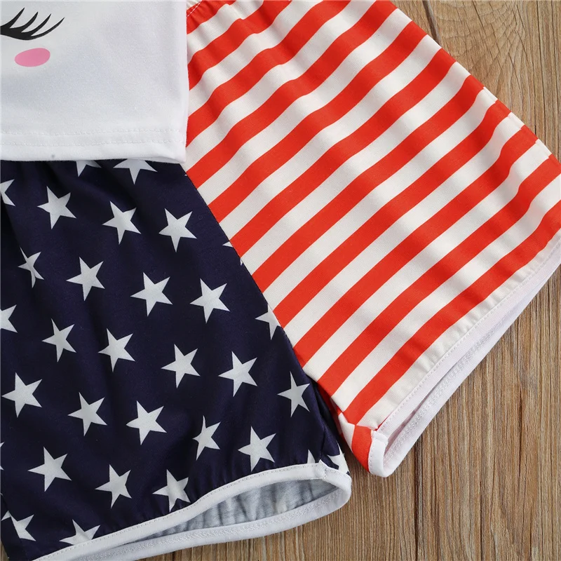 

Toddler Girls Fourth of July Outfits, Cute Cartoon Print Fly Sleeve Tops + Shorts Set